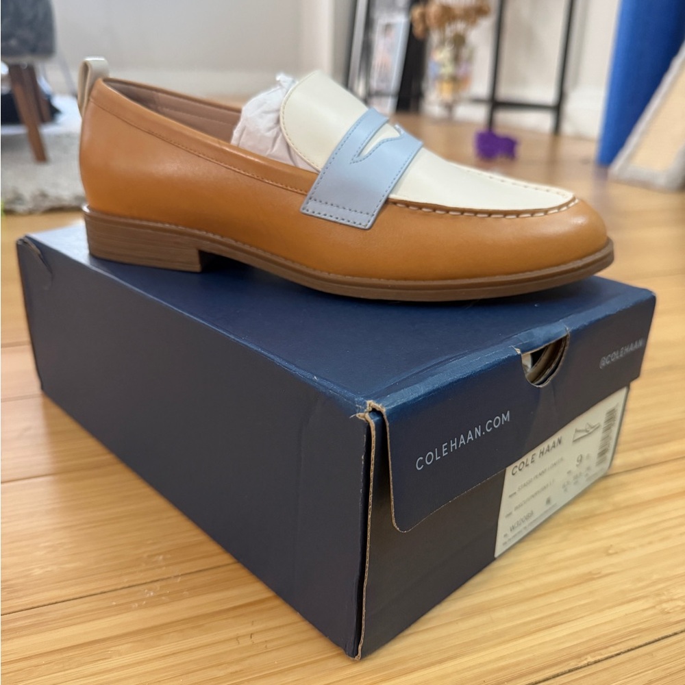 Cole Haan Women's Tan and Baby Blue Penny Loafers